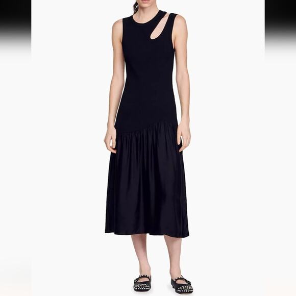 Sandro Dresses & Skirts - RTR sz 38 US 6 Sandro Dual-Material Midi Dress black silky sweater cut out